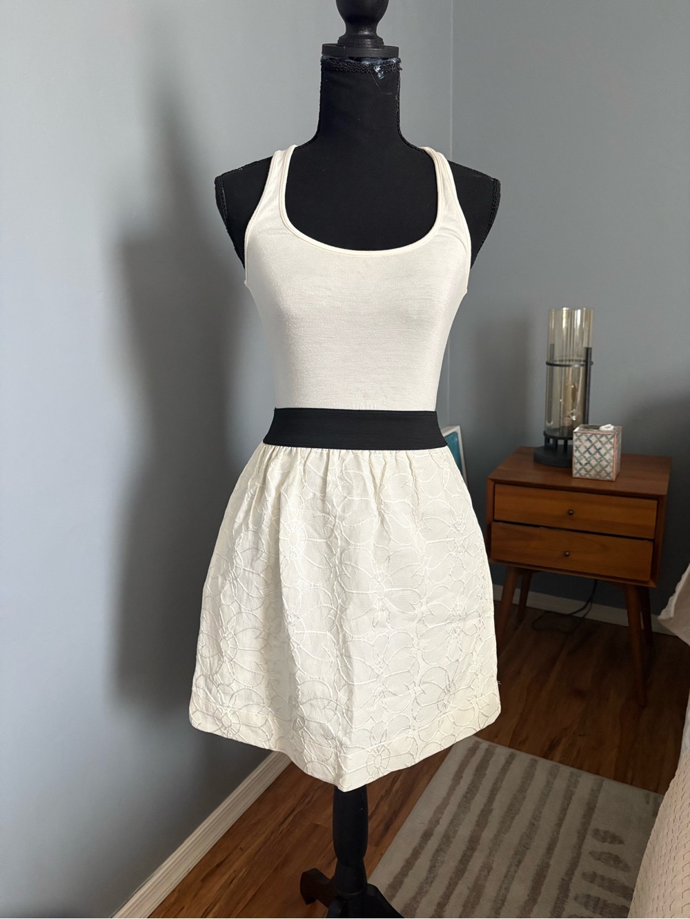 Eight Sixty White Floral Skater Skirt with Black Waistband